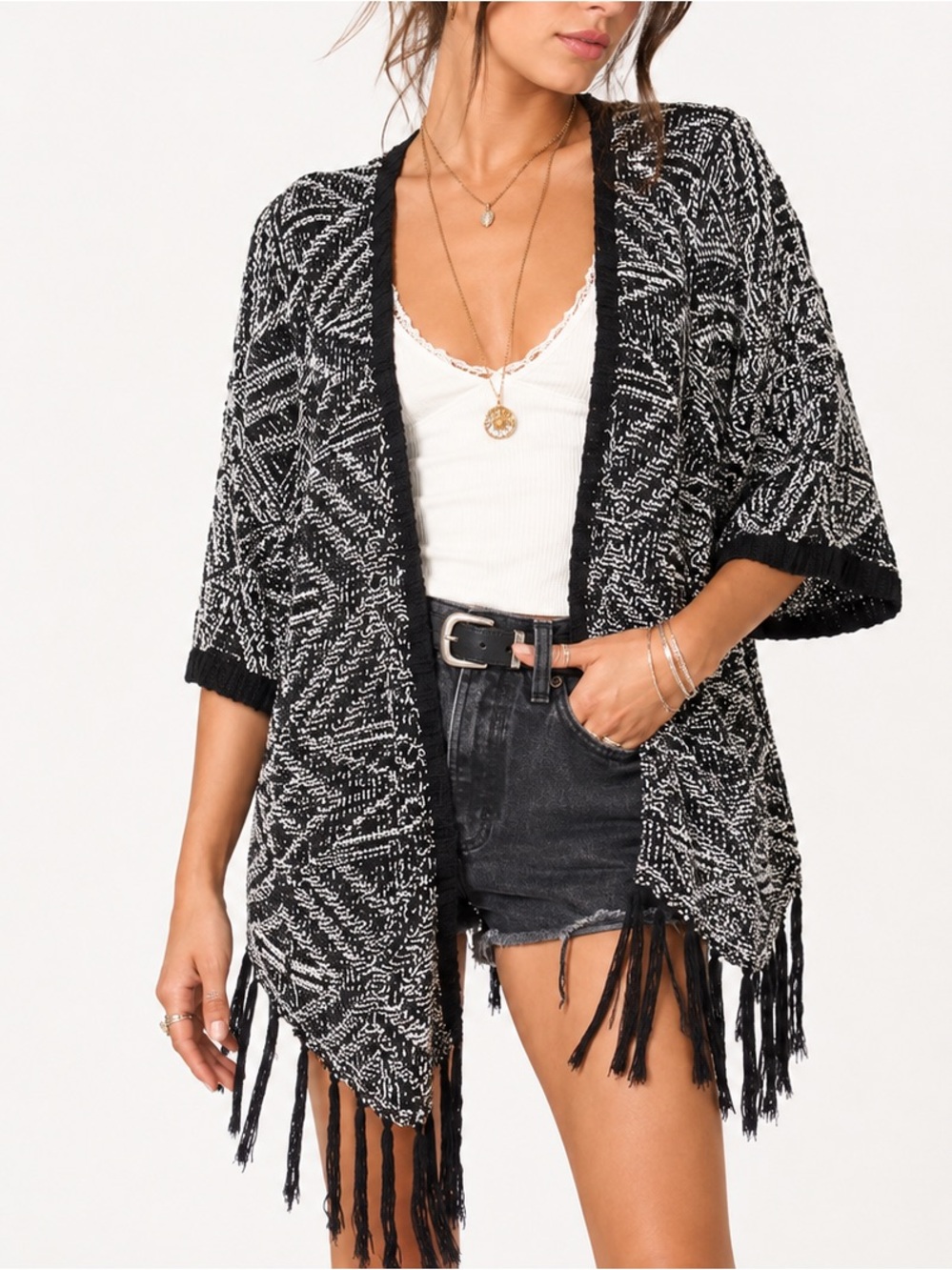 Blu Pepper Open Front Fringe Knit Cardigan Black White Western Boho Small